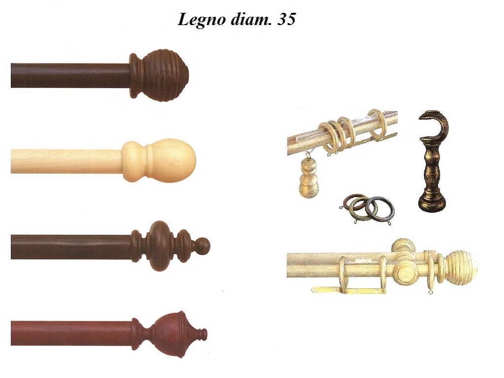 Classici bastoni in legno a corda o a strappo nel diametro 35 disponibili nelle finiture noce, frassico, olmo e ciliegio